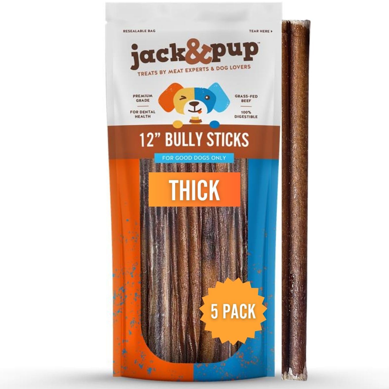 Jack&Pup Thick Bully Sticks 12 Inch Premium Dog Bully Sticks for Large Dogs Aggressive Chewers - All Natural Bully Sticks Odor Free 12" Large Bully Sticks, Long Lasting Dog Chews Bully Stick (5 Pack)