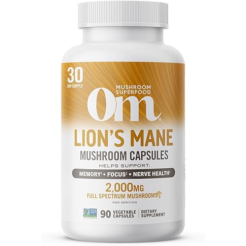 OM MUSHROOM SUPERFOOD Lion's Mane Mushroom Capsules Superfood Supplement, 90 Count, 30 Day Supply, Fruit Body and Mycelium Nootropic for Memory, Focus, Nerve Health and Immune Support
