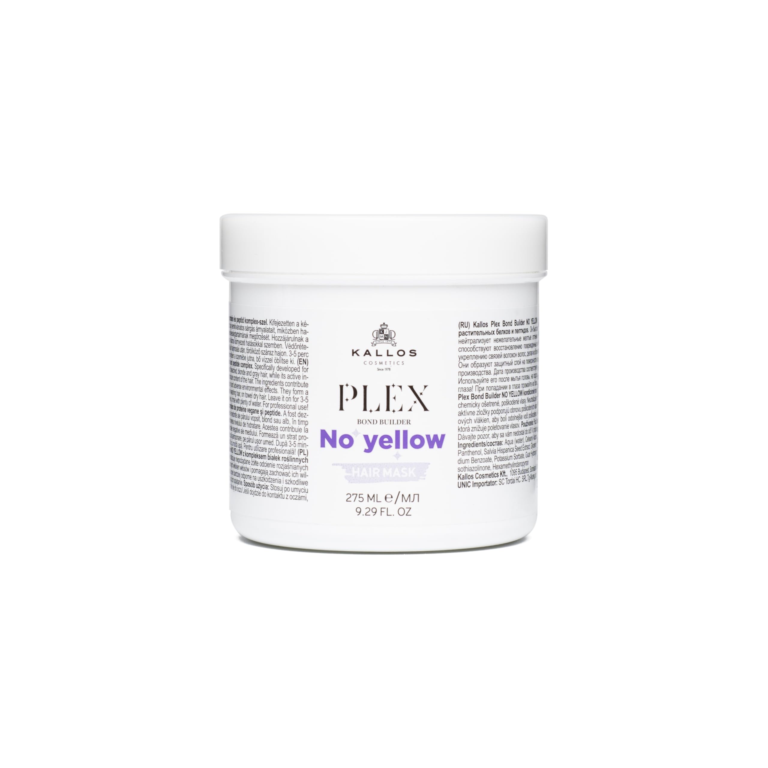 Kallos Plex Bond Builder No Yellow Hair Mask with Plant Protein and Peptide Complex 275 ml – 9.29 Fl Oz
