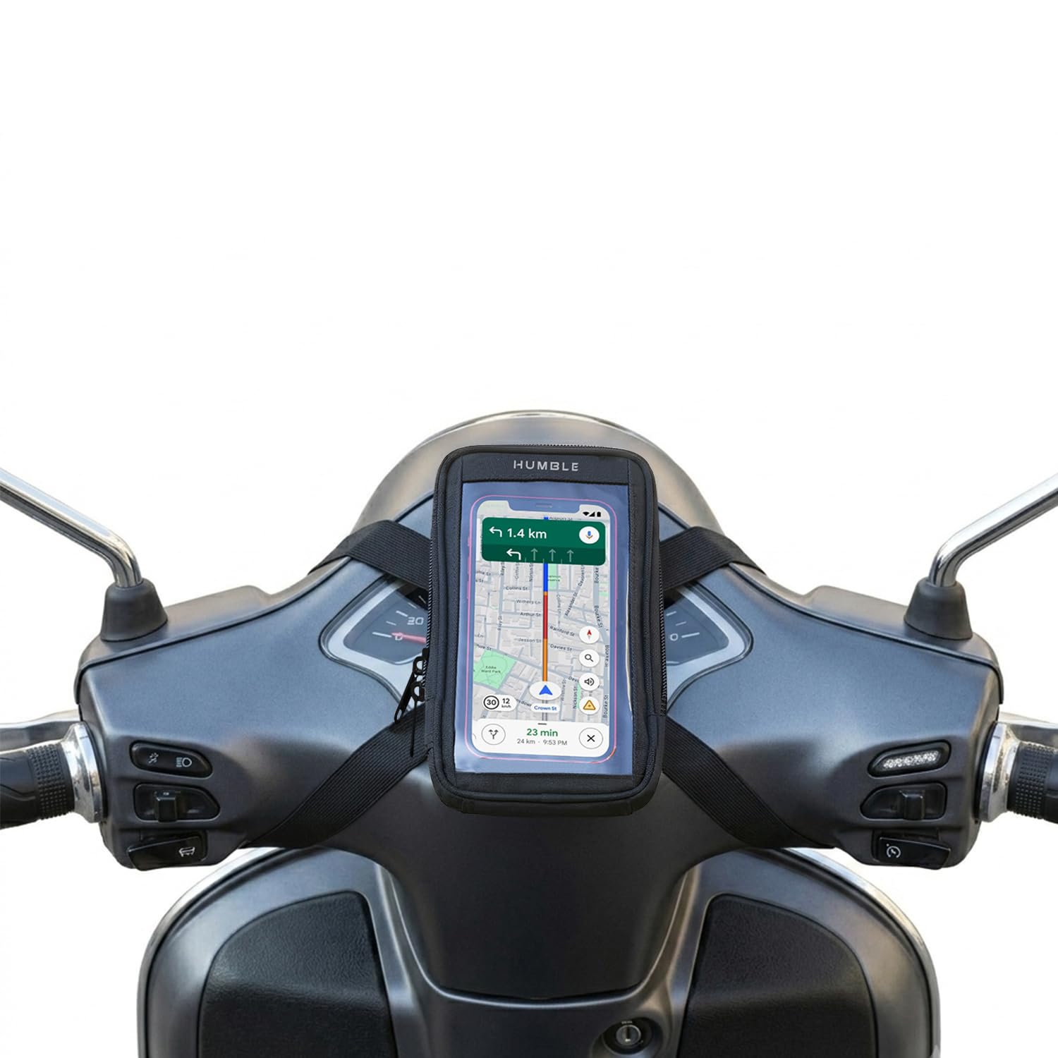 Humble® Universal Scooty & Scooter Mobile Holder Touch-Friendly Water-Resistant Phone Mount with Storage Pocket and Anti Slip Handlebar Grip for Activa, Jupiter, Access, Fits Up to 6.8 Inch (Black)-picture-18