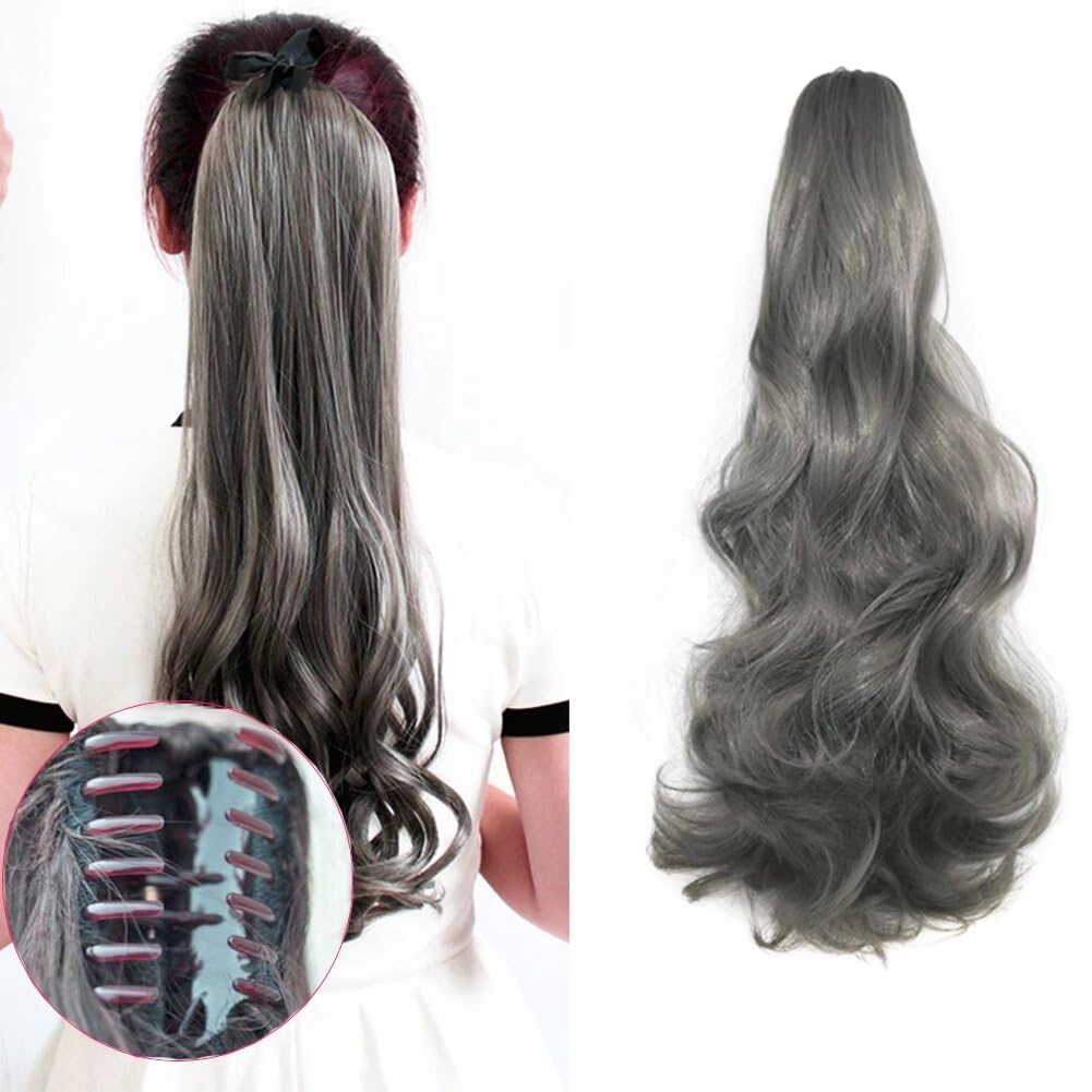 LaLuLoLi Fashion Grey Color Claw Jaw Ponytail 140g Long Thick Curly Wavy Synthetic Clip in Pony Tail Hair Extension Extensions Hairpiece with Clip for Women (20 inches-curly