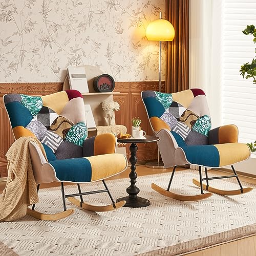 Fahomiss Rocking Chair -Accent Rocking Chair for Nursery Glider Chair with High Backrest Comfy Glider Chair for Nursery with Wood Legs Patchwork Linen Living Room, Bedroom Recliner (x1, Colorful)