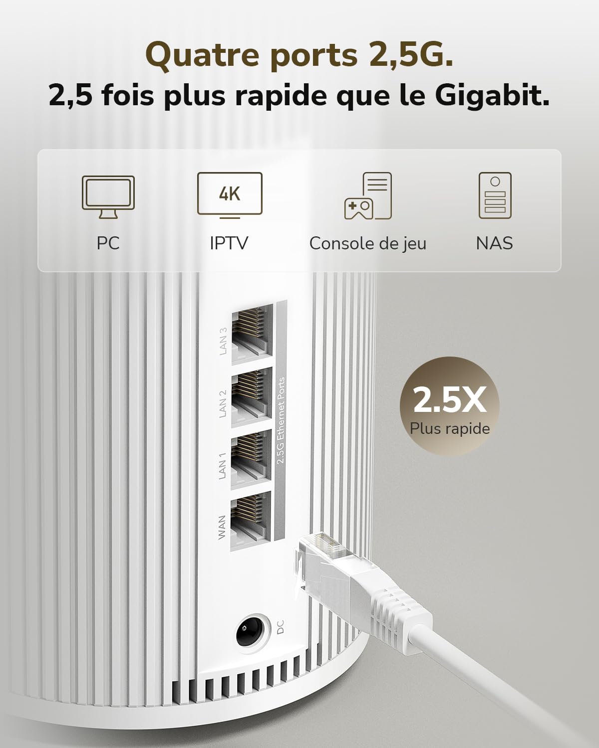 Cudy Système maillé Wi-Fi 7 BE11000 Tri-Band 6 flux 10 Gbit/s 4 ports 2,5 G MU-MIMO Multi-VPN Cudy App antennes int. intelligentes
