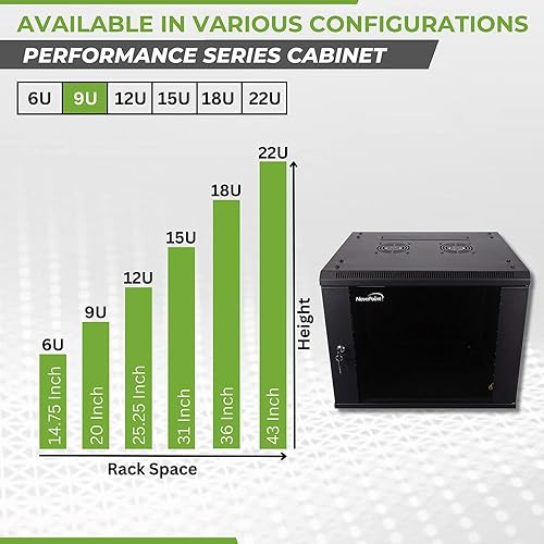 Miniatura 3 de NavePoint Gabinete de montaje en pared para gabinete de servidores de 9U, incluye 2 ventiladores, puerta de vidrio con bloqueo, paneles laterales