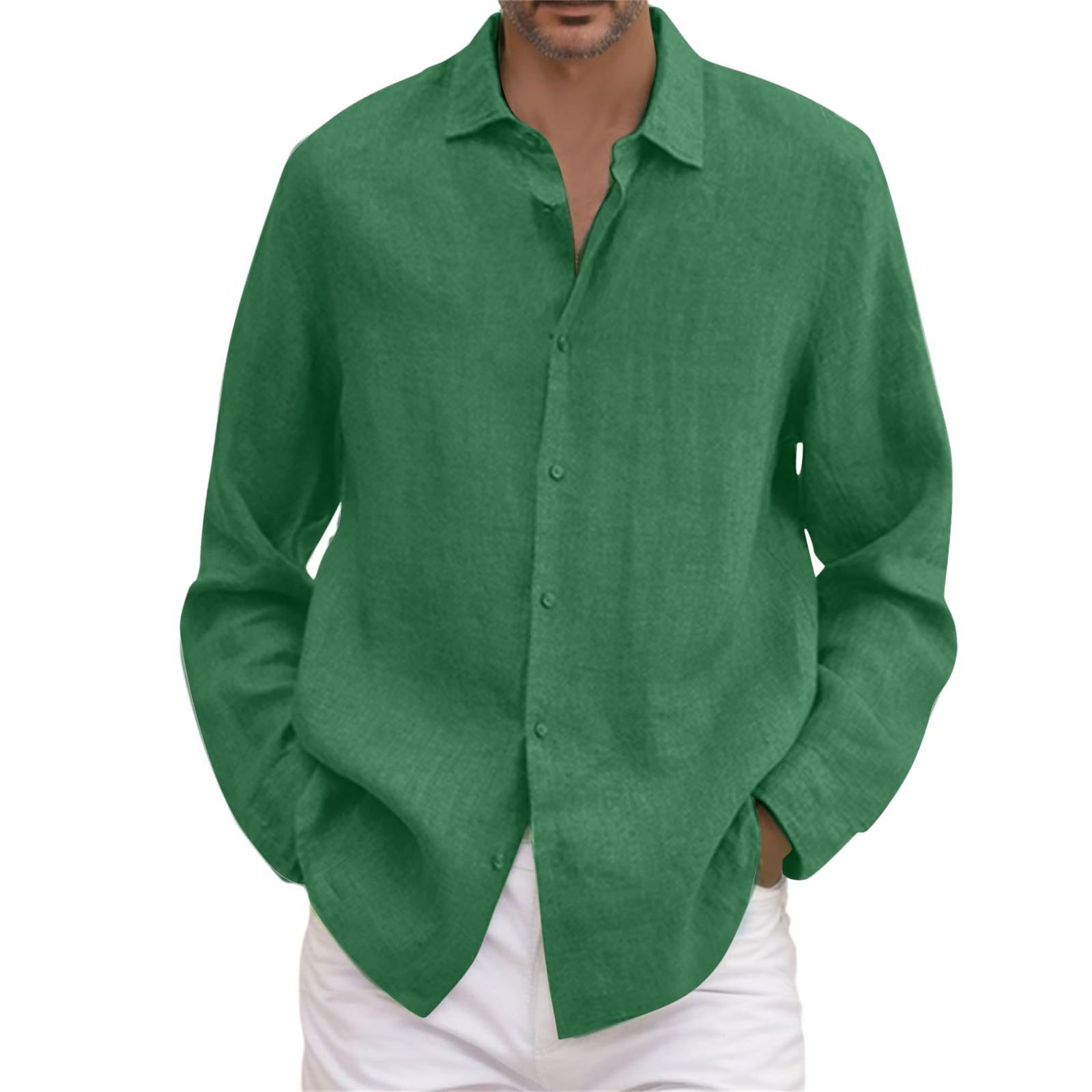 Generic 2024 Nuevo Hombre Verano Algodón Lino sólido Casual Plus Talla Camisa Holgada Hombres Cuello vuelto Camisa de manga larga Camisa fea Hombre