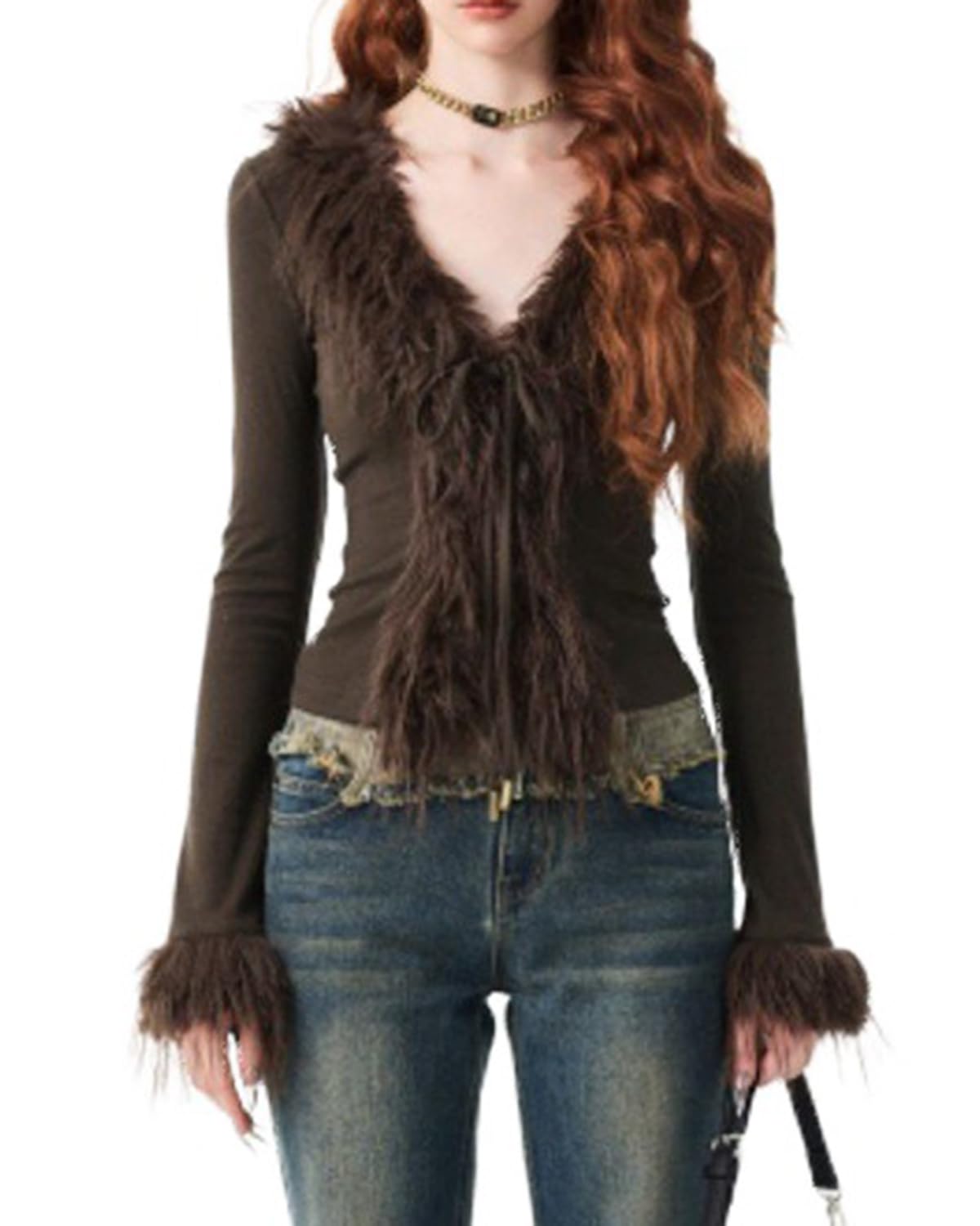 Womens Fluffy Faux Fur Cardigan Y2K Bow Tie Front Tops Cropped Shaggy Collar Cuffs Fall Clubwear Cardigan Black