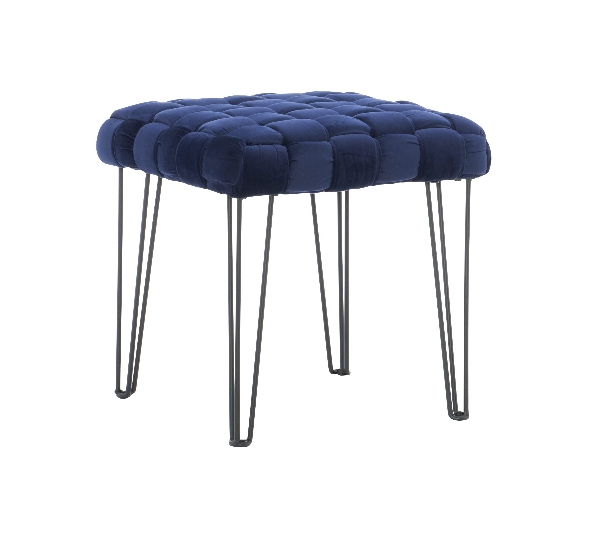 Powell Candler Modern Boho Square Stool with Navy Blue Velvet Basketweave Top and Black Metal Hairpin Legs