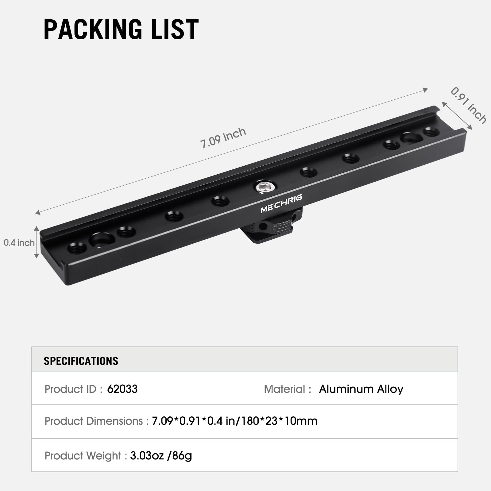 7-Zoll-Blitzschuhhalterung, Blitzschuh-Verlängerungsstange, Aluminium-Gleitschiene, Blitzschuhhalterung mit 1/4-Zoll- und 3/8-Zoll-Gewinde für DSLR-Kamera, LED-Videoleuchte, Mikrofonmonitor (62033)