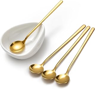 Coffee Bar Accessories: Espresso Accessories - Coffee Stirrers for Hot Cocoa Bar Supplies - Set of 4 Gold Decor Coffee Spoons with 1 Ceramic Spoon Rest - Ideal CoffeeLover Gifts