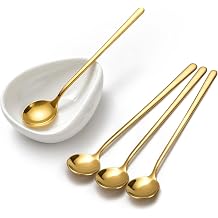 Coffee Bar Accessories Espresso Accessories - Coffee Stirrers for Hot Cocoa Bar Supplies - Set of 4 Gold Decor Coffee Spoons with 1 Ceramic Spoon Rest - Ideal CoffeeLover Gifts