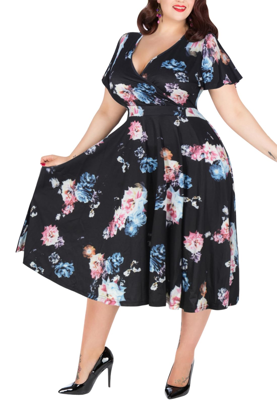 Nemidor Plus Size Dresses for Curvy Women Casual Summer V Neck Short Sleeve Midi Cocktail Vintage Dress with Pocket
