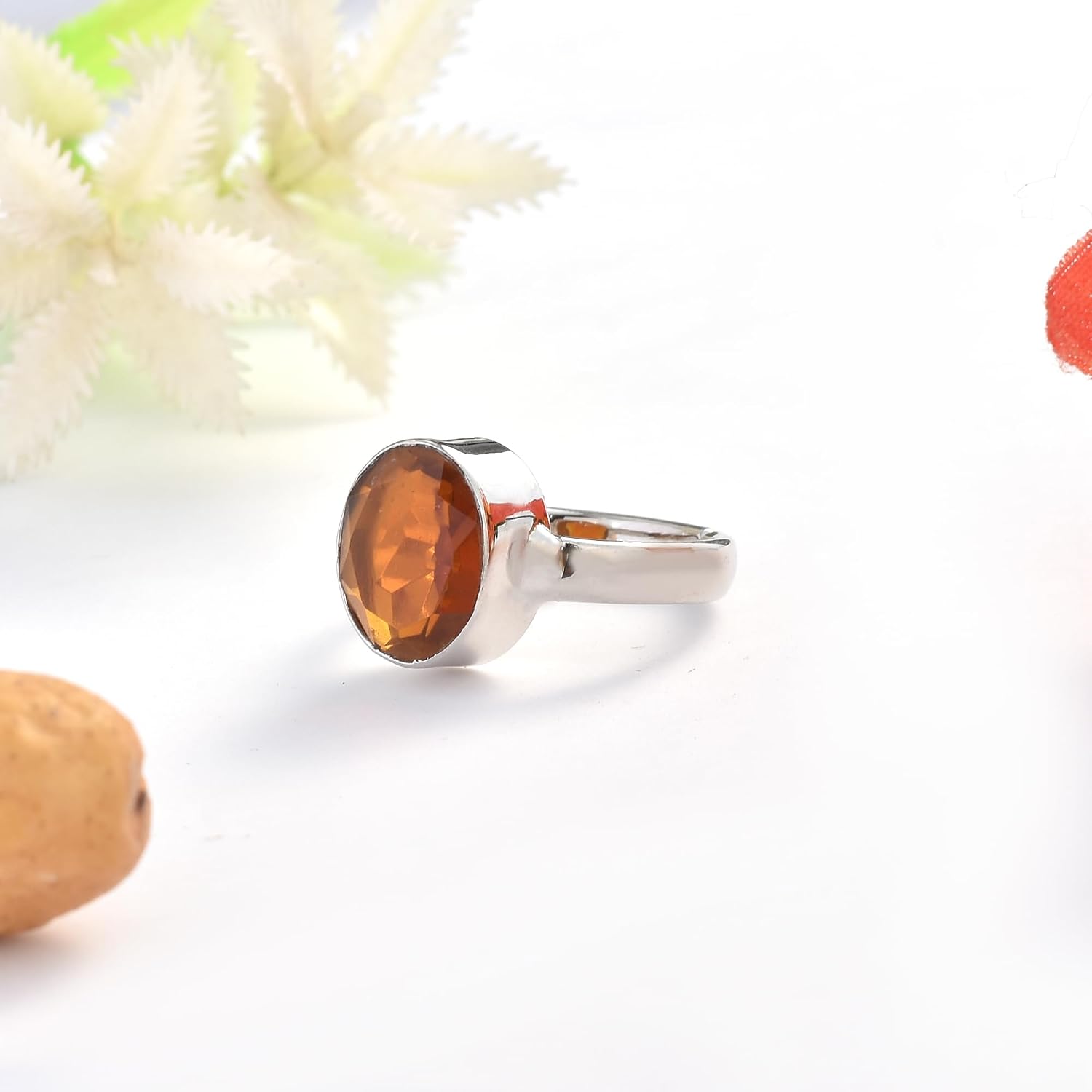 LMDKART 7.00 Carat Gomed Silver Ring Ceylon Loose Gemstone Lab - Certified Natural AA+ Quality Hessonite Garnet Adjustable Silver Ring for Man and Women