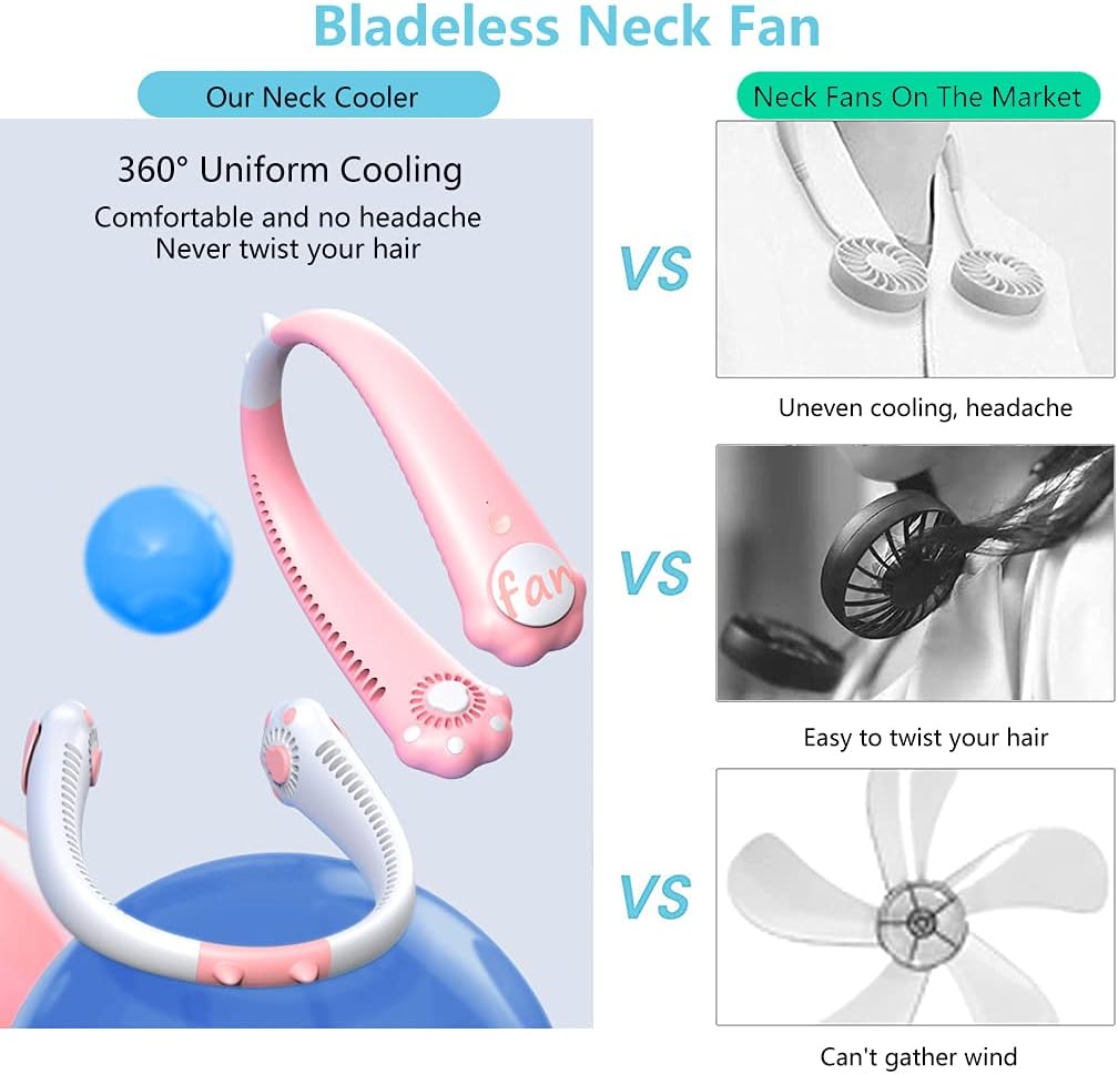 Cartoon Hanging Neck Fan Portable, Mini USB Cat Claw Bladeless Fan, Hands Free Neckband Silent Fan, Air Cooler Wearable Fan for Sport Office Outdoor, Kids Girls Boys Women Gift Pink