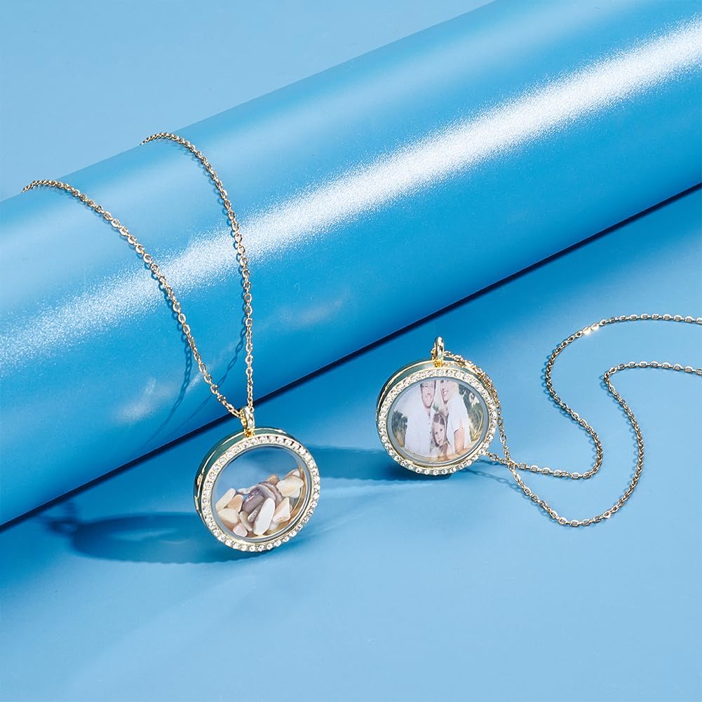 UNICRAFTALE 2 Sets Rhinestone Photo Charms Stainless Steel Crystal Memory Locket Charms Flat Round DIY Photo Necklace Making Kit Photo Frame with Chain for Necklaces Jewelry Making - Image 2