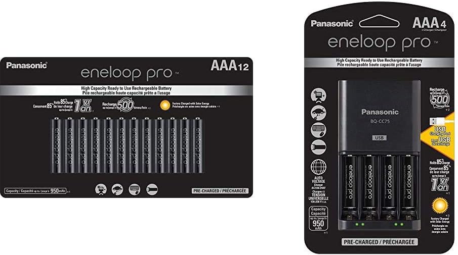 Eneloop Panasonic AAA High Capacity Ni-MH Pre-Charged Rechargeable Batteries, 12 Pack & K-KJ75K3A4BA Advanced Battery Charger with USB Charging Port and 4AAA Pro High Capacity Rechargeable Batteries