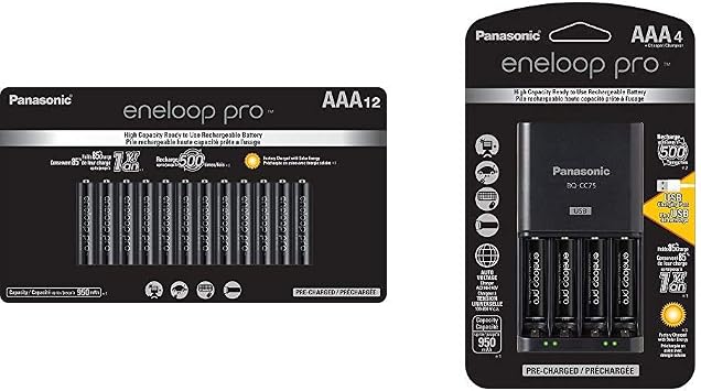 Eneloop Panasonic AAA High Capacity Ni-MH Pre-Charged Rechargeable Batteries, 12 Pack & K-KJ75K3A4BA Advanced Battery Charger with USB Charging Port and 4AAA Pro High Capacity Rechargeable Batteries