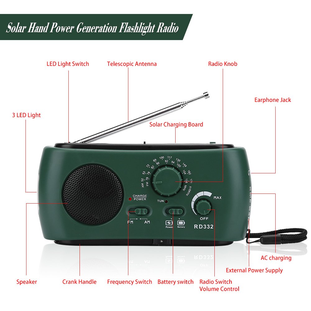 Radio Solaire,Radio Multibanda Solar Dinamo,Radio Portable Solaire,Solaire Main Manivelle Wind Up Radio LED Lampe De Poche,Portable Cam d'urgence Énergie Solaire Mo Am/FM Radio avec LED