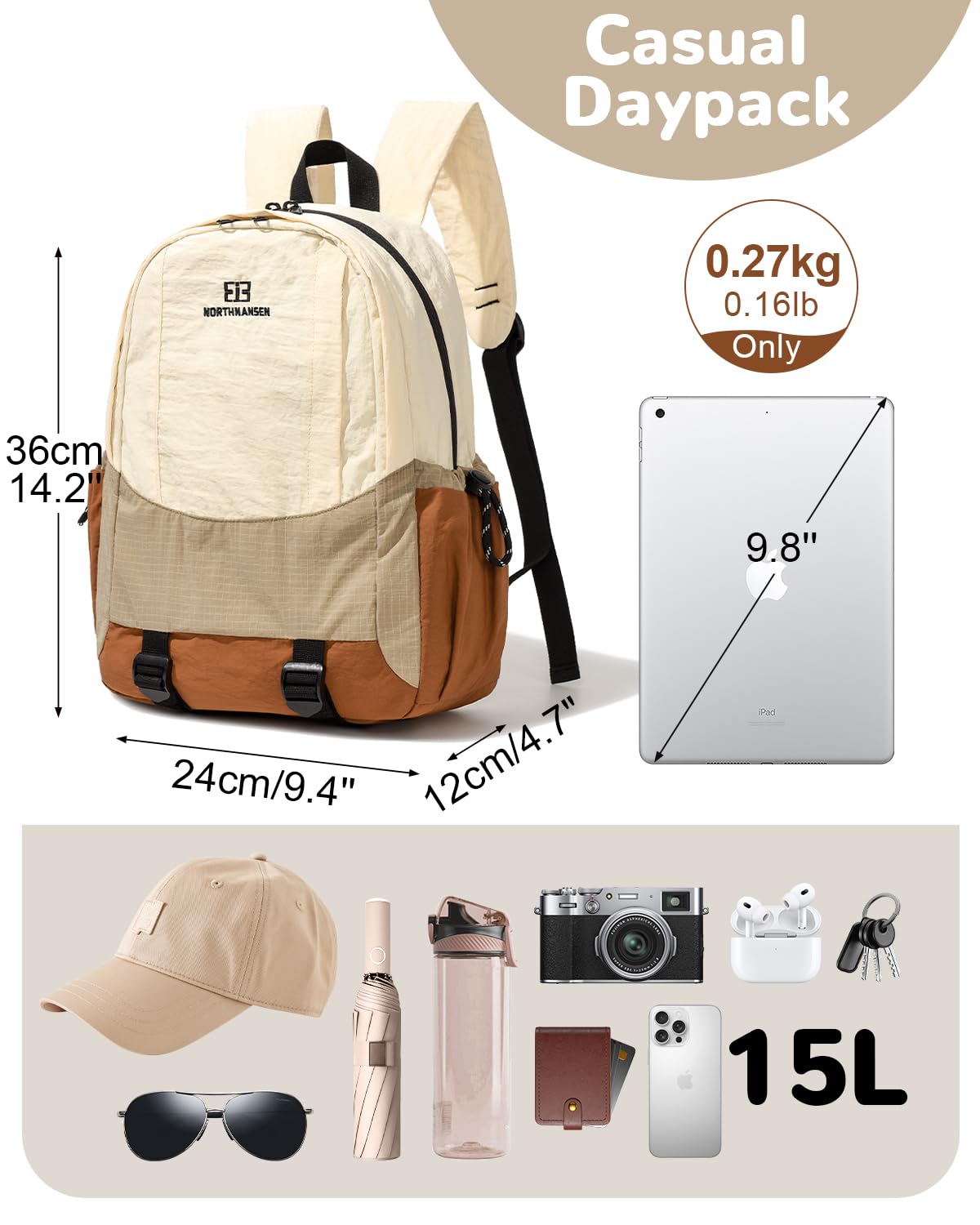 Zaino da Trekking 15L, Piccolo Ultraleggero Zaino Casual da Giorno per Viaggio Escursionismo Hiking Uomo Donna, Impermeabile Zainos Scuola per Adolescenti e Università, Arancione