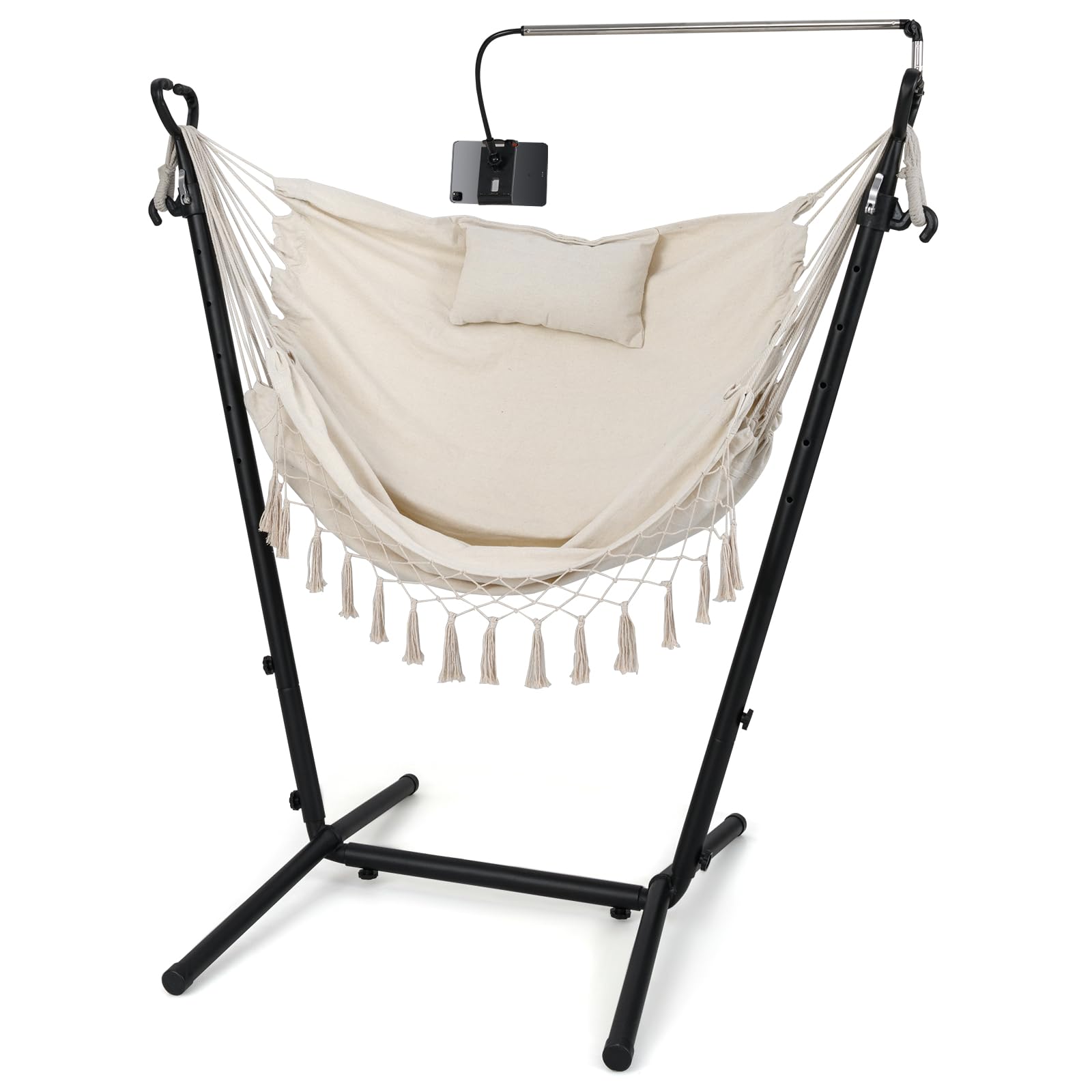 SFAREST Hammock Chair with Stand, Garden Hanging Swing Chair with Phone Holder, Handy Pocket and Humanized Pillow, Patio Tassels Swing Seat for Balcony Yard Poolside (Beige)
