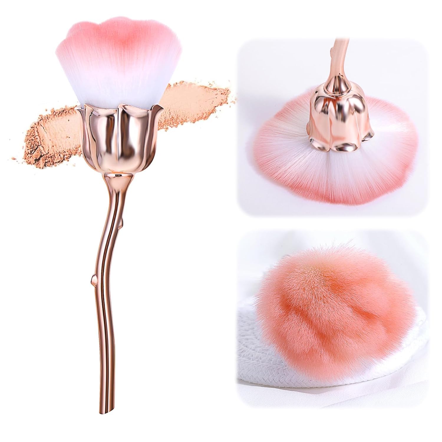 Rose Shaped Makeup Brush, Pink Soft Nail Duster Brush for Acrylic Nail Art Manicure Dust Cleaning, Rose Gold Handle-picture-34
