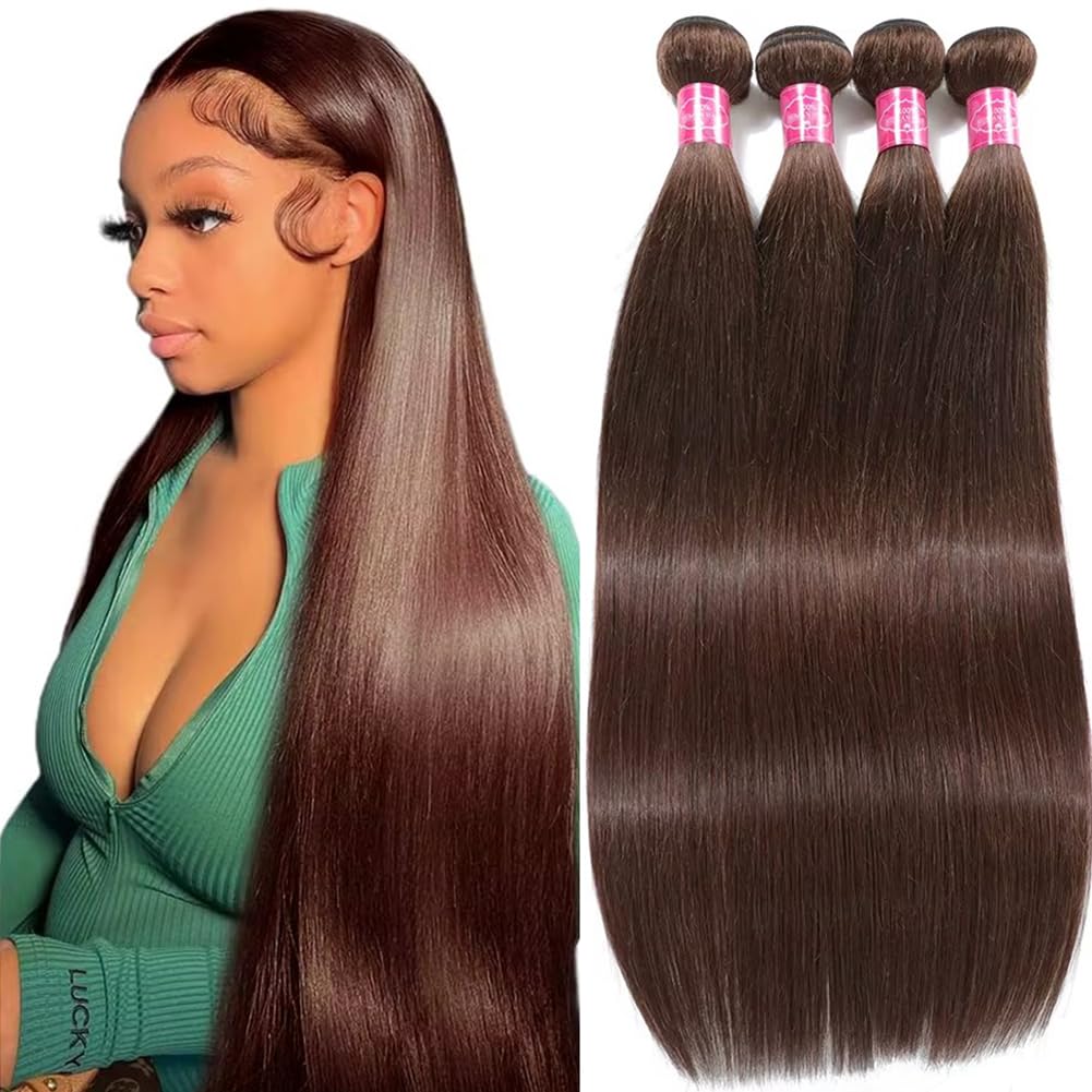 Younsolo Brown Human Hair Bundles #4 Chocolate Brown Straight 4 Bundles 20 22 24 26 Inch Brazilian Straight Human Hair Bundles 100% Unprocessed Virgin