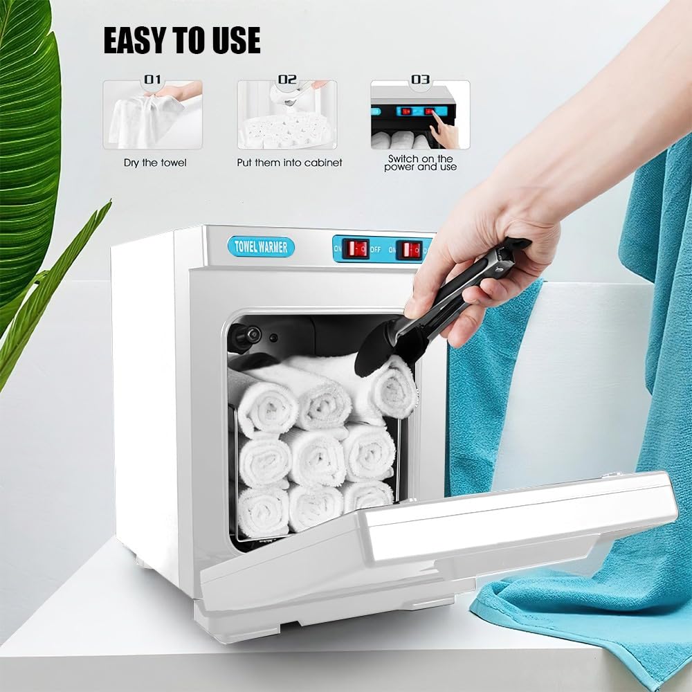 Chauffe-Serviettes Électrique 5L avec Stérilisateur UV & Ozone 2-en-1, Chauffage Rapide 80°C en 10 Min, Cuve en Acier Inoxydable pour Salon de Beauté, Spa, Barbiers et Domicile (5L Blanc)