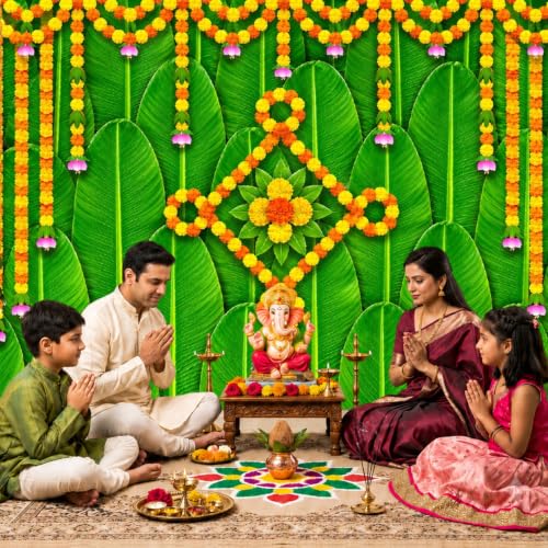 Image of Party Propz Banana Leaf Backdrop for Pooja Decoration-2 Pcs, Ganpati Decoration Setup for Home, Pooja Background Decor, Annaprasana Backdrop, Varalakshmi Decorative Items.