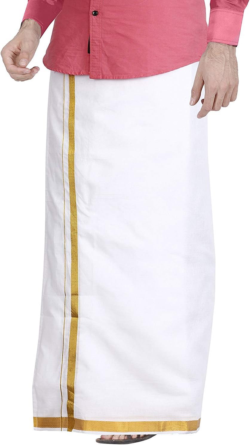 Cotton Crown Kings Men's Cotton Dhoti with Gold Jari (White, Free Size)
