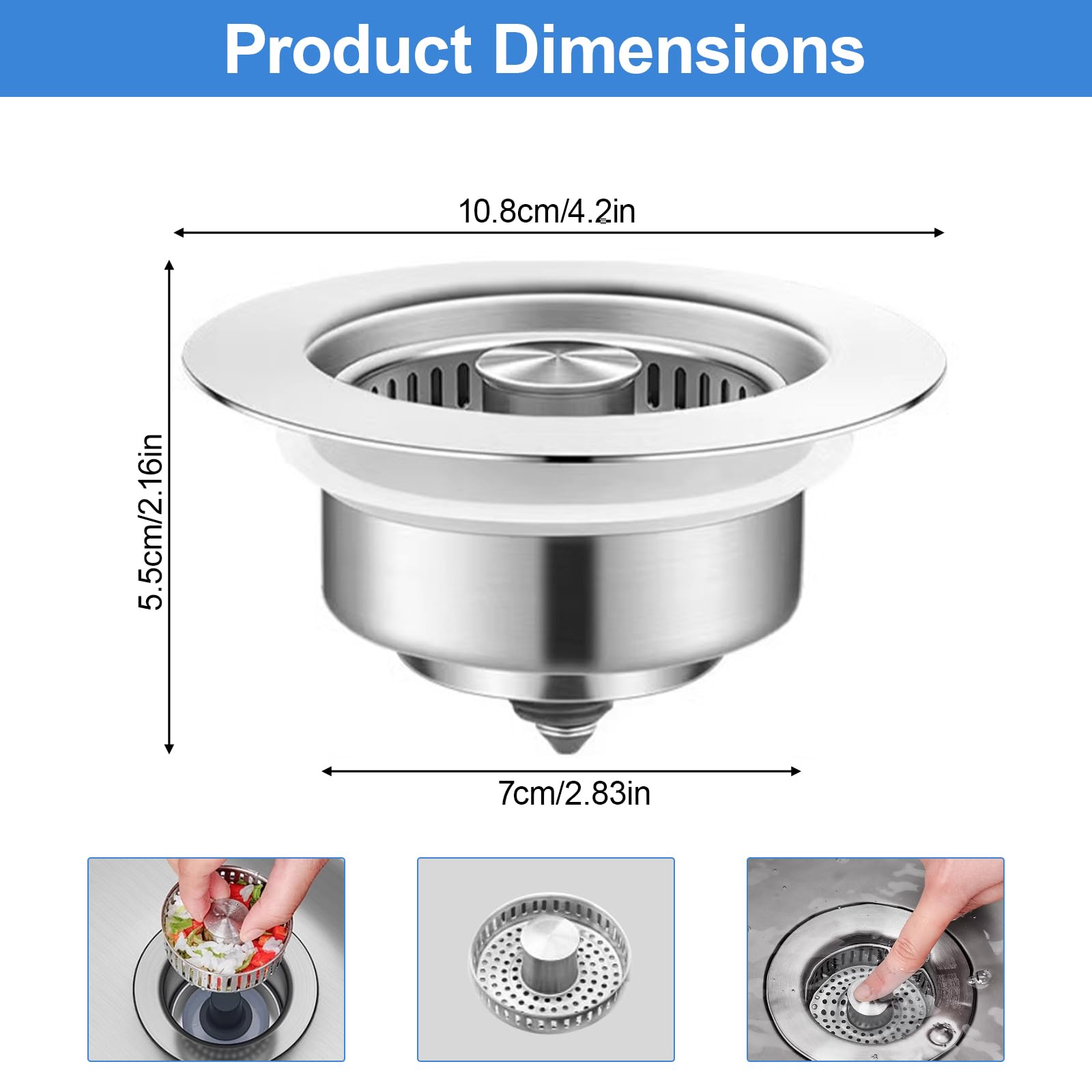 Tapon Fregadero Cocina, 3 en 1 de Acero Inoxidable Filtro Fregadero Cocina, Colador Desagüe con Filtro AntiOlores, Tapón Press Push para Filtro Desague Fregaderos 73-87mm