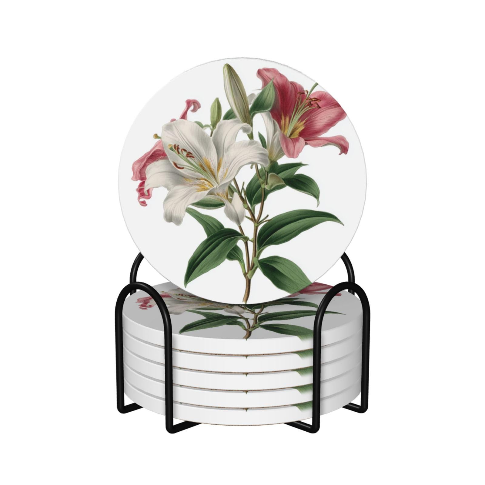 Vintage Lily White and Pink Petals Ceramic Coasters with Holder 6ps