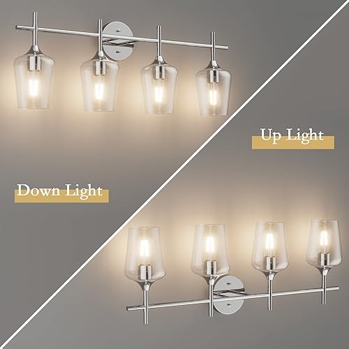 Miniatura 3 de Ralbay Lámpara cromada para tocador de baño, 4 luces, estilo industrial de granja, cristal transparente, sobre espejo