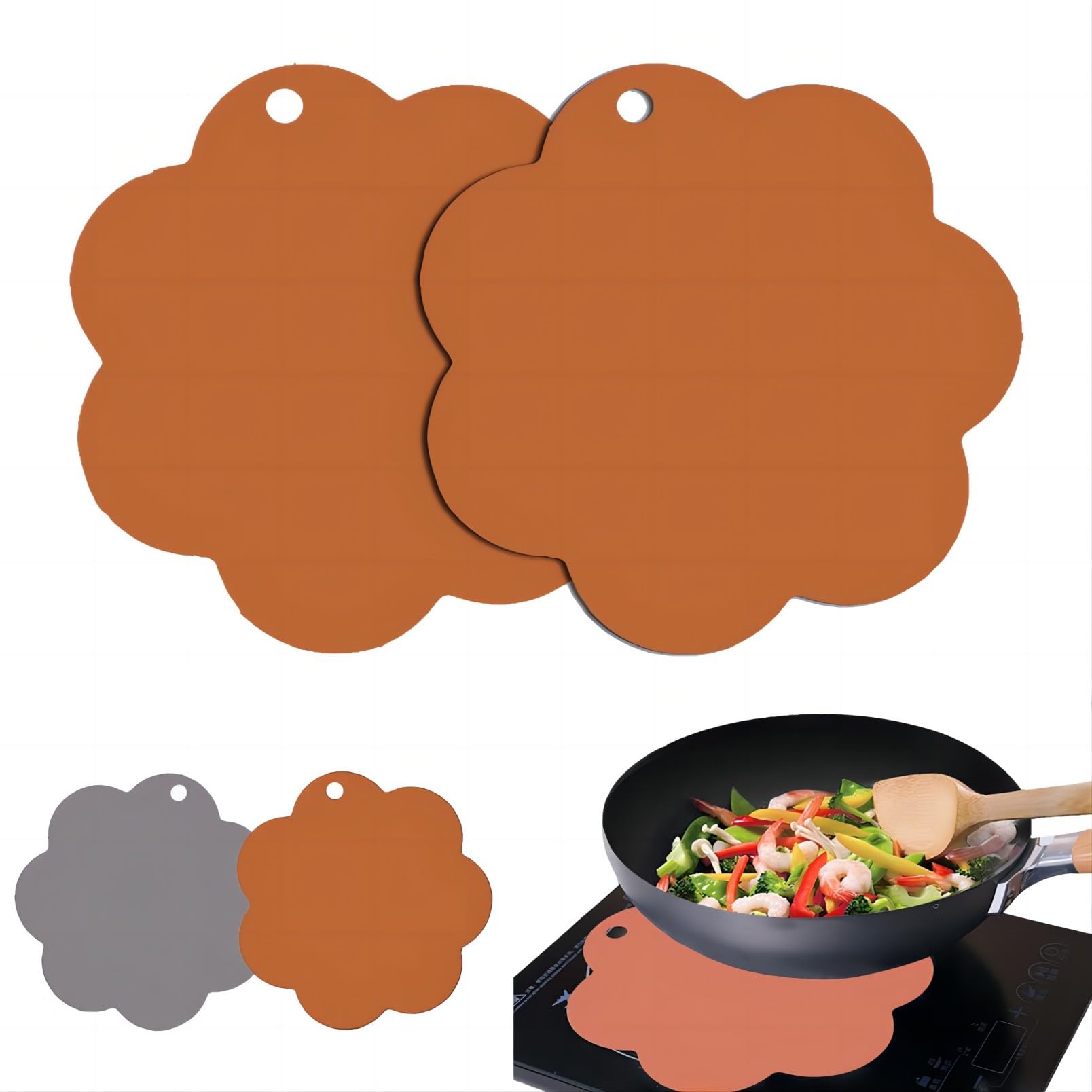 Silicone Mats for Induction Cooktop, Heat-Resistant Protector Pad, Anti-Slip, Scratch Protection, Ultra Thin, Orange Flower Shape, 2 Pieces 10 Inch