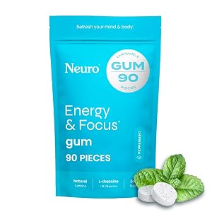Neuro Energy Focus Gum - 40mg Natural Caffeine Gum Nootropic Energy Supplement with L-Theanine B Vitamins - Sugar