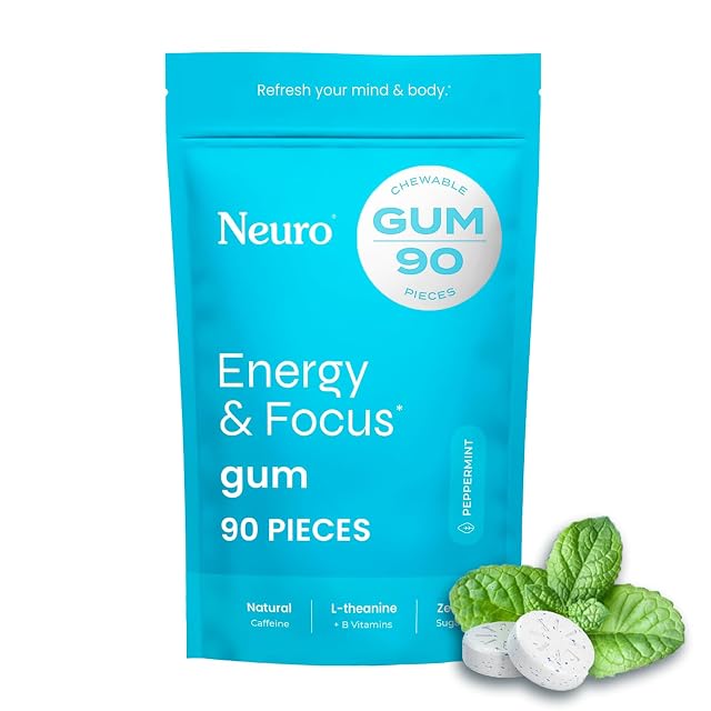 Neuro Energy Focus Gum - 40mg Natural Caffeine Gum Nootropic Energy Supplement with L-Theanine B Vitamins - Sugar