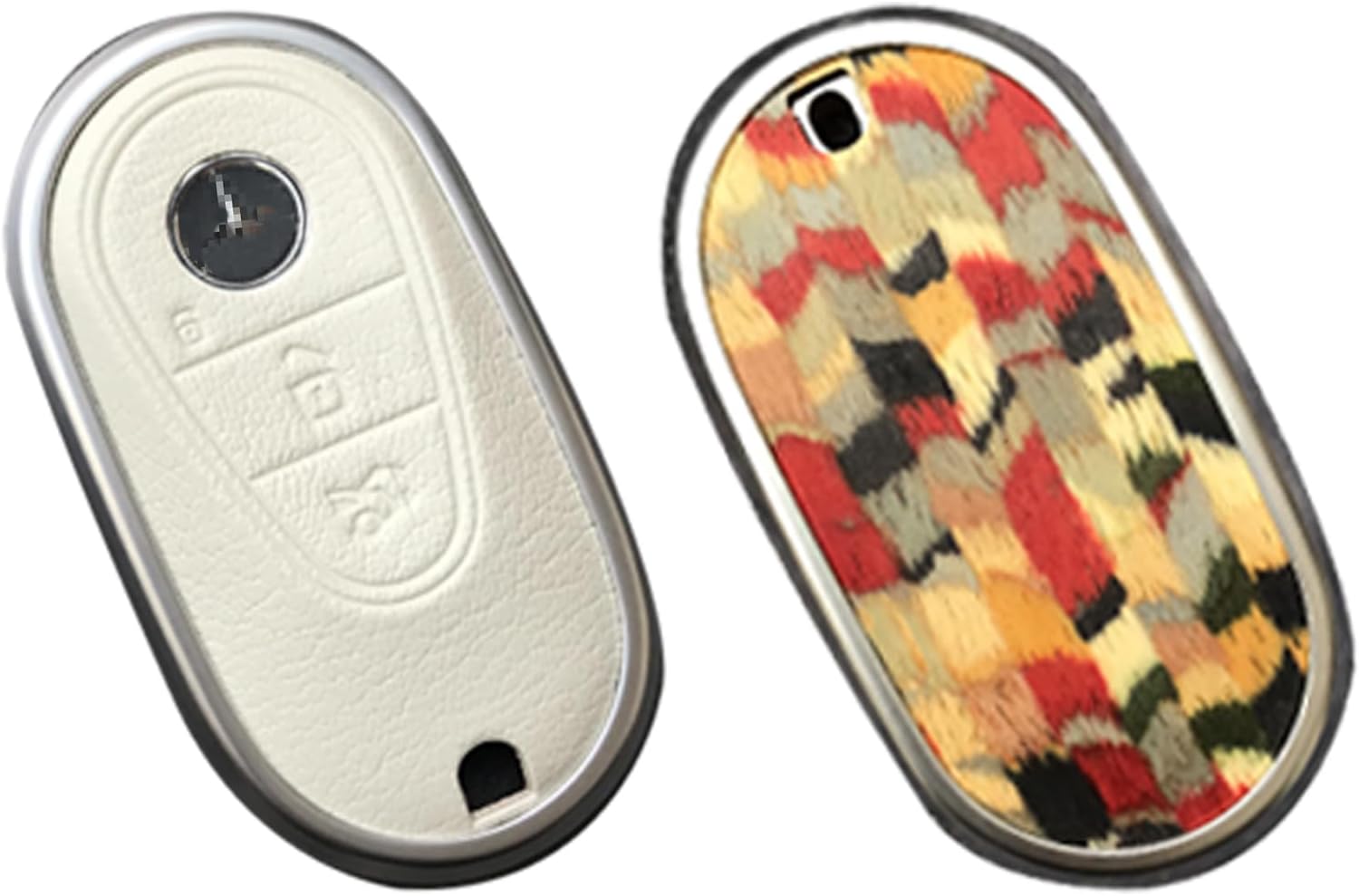 Compatible with Mercedes Benz Key case Key fob Cover Real Wood Veneer Genuine Leather Key Fob Shell Gift C GLC E S ect 2022-2023-newer (Bohemian Oak, White Leather)