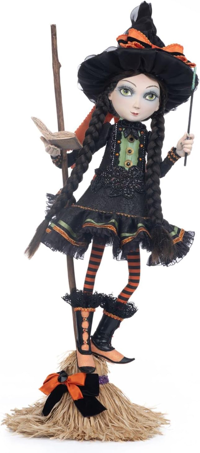 Katherine's Collection 2023 29 Inch Hilary Blackroot On Broom, Orange/Black Witch Resin