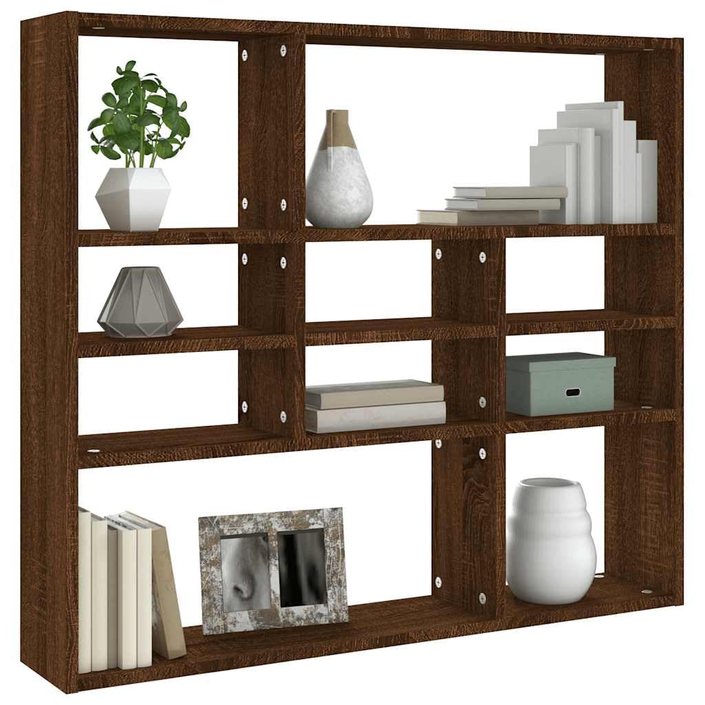 Wandregal Braun Eichen-Optik 90x16x78 cm Holzwerkstoff, Hängeregal mit 10 Fächern, Schweberegal und Bücherregal für Wohnzimmer, Flur und Büro, Wandboard
