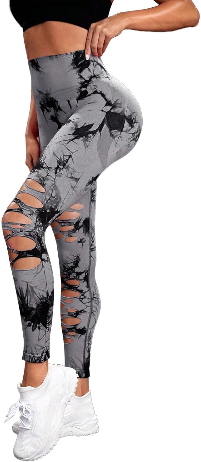 UONNOU Women's Tie Dye Cutout Tights High Waist Workout Yoga Leggings,Scrunch Butt Lifting Elastic Pants,2 Pack - Image 6