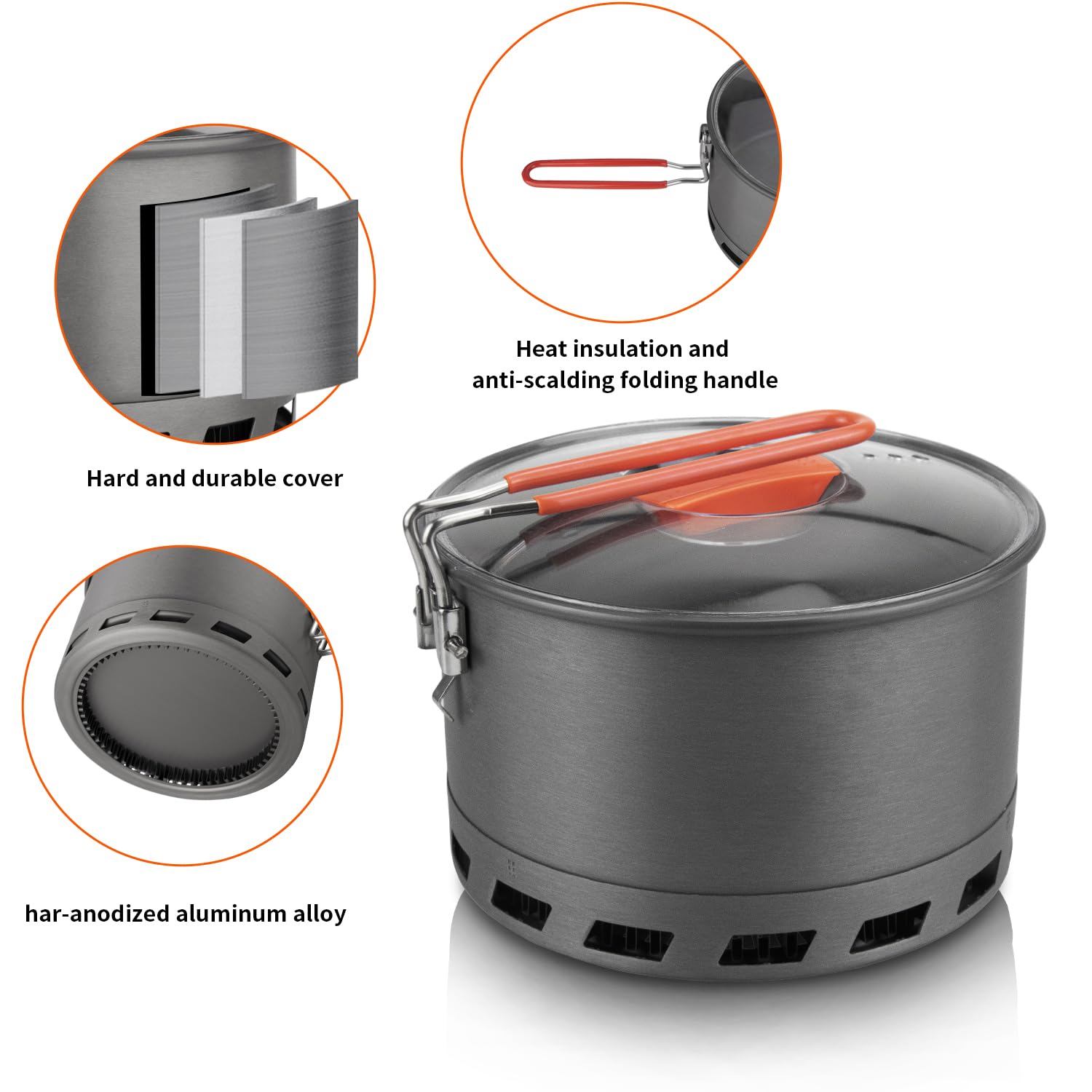 Tentock Scambiatore di Calore in Alluminio 2-3 Persone, 1,5 l/2,1 l, pentole da Esterno con Manico Pieghevole e Borsa portaoggetti per Viaggi, PIC-nic, Campeggio, bollente Veloce