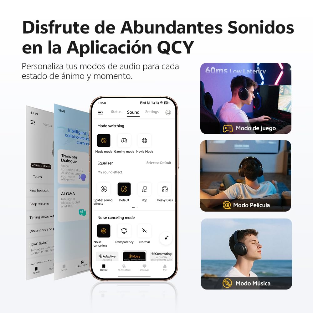 QCY H3S Cascos Inalámbricos Bluetooth Cancelación de Ruido Activa Adattiva, 56dB Noise Cancelling, 102H Reproducción, LDAC Hi-Res, Sonido Espacial, Llamadas Nítidas, Auriculares Diadema Bluetooth 6.0