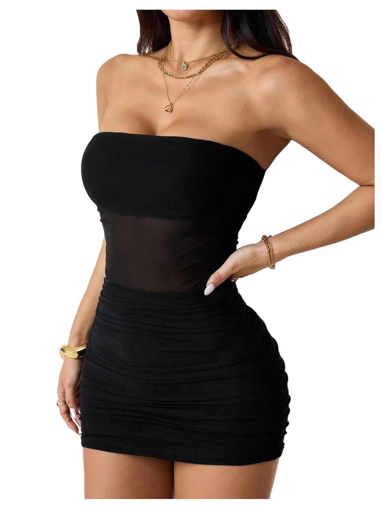 WDIRARA Women's Ruched Mesh Strapless Mini Tube Dress Party Club Bodycon Dresses
