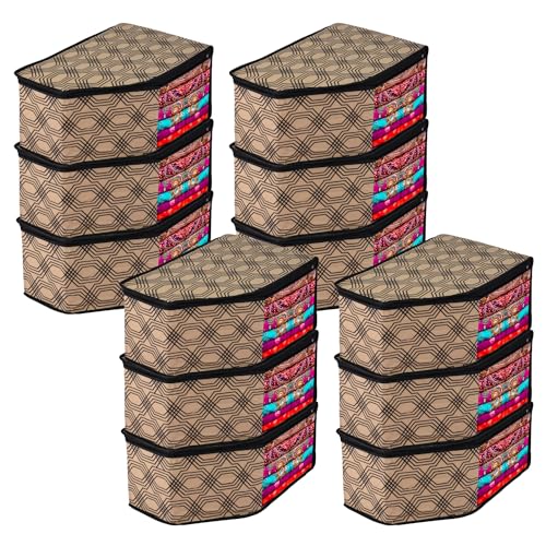 Image of Urbane Home Blouse Cover | Clothes Storage Bag | Zipper Wardrobe Organizers | Non-Woven Clothes Organiser | Side Transparent Blouse Organizer | Honeycomb-Design | Pack of 12 | Coffee