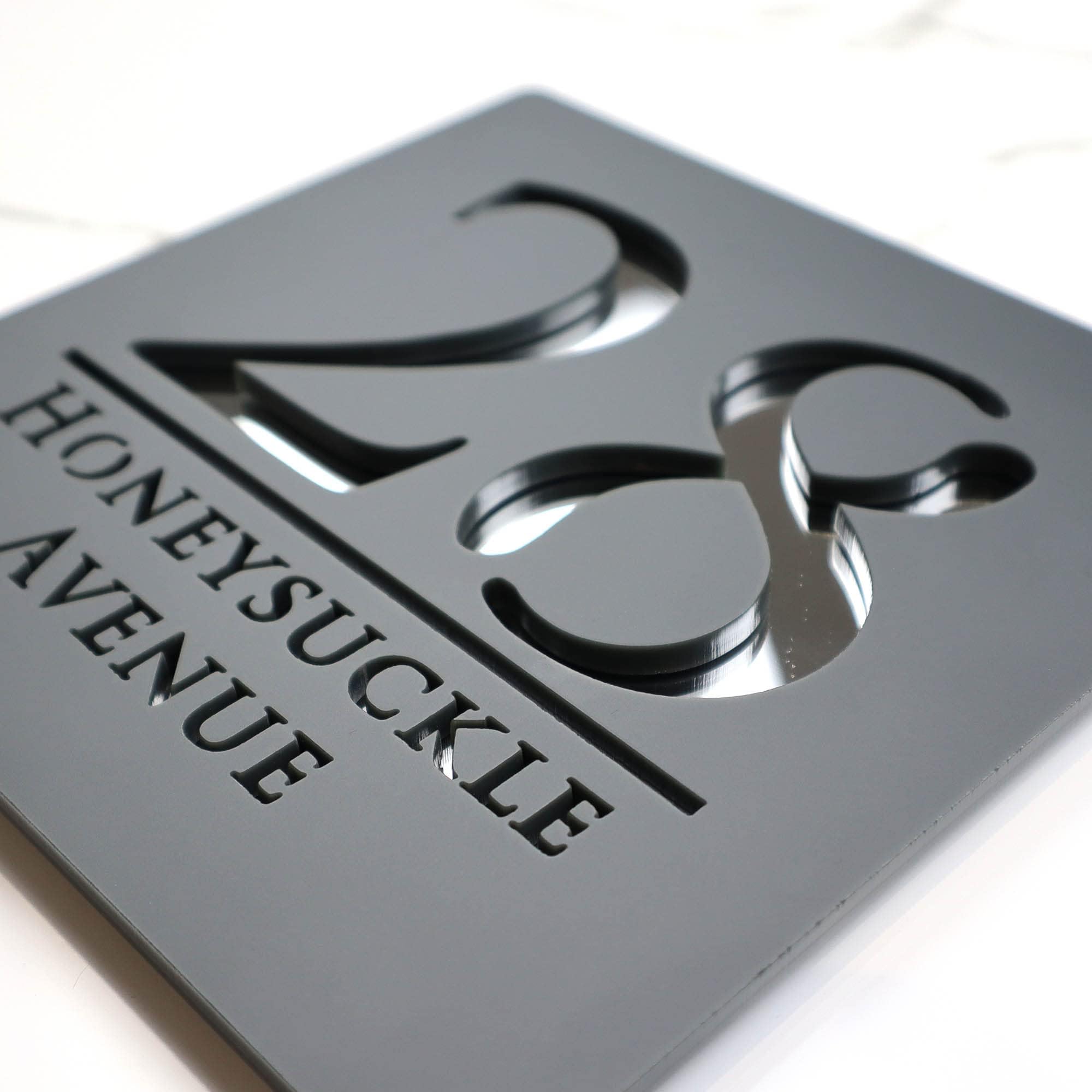 K Smart Sign | Bellisima S1 F32 | Matt Dark Gray Personalized Door Number Yard Garden Porch Signs 3d Perspex Mirror Marble Mirror House Gate Sign Laser Cut 3D Modern Plaque Street plaques Anthracite RAL7016 | 7" x 7" (Matt Dark Gray & Silver Chrome Mirror)