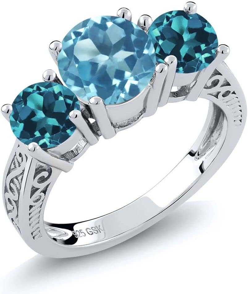 Gem Stone King 2.40 Cttw Swiss Blue and London Blue Topaz 3-Stone Ring For Women | 925 Sterling Silver | Gemstone Birthstone | 3 Stone Wedding Engagement Anniversary Promise Ring