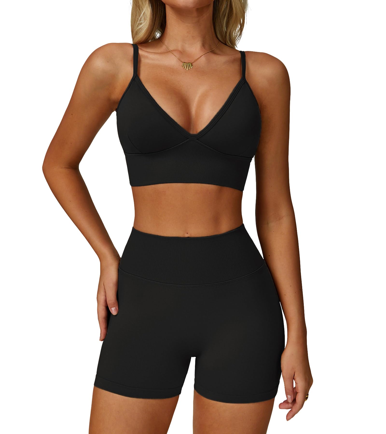Conjunto Deportivo Mujer Gimnasio Yoga Tirantes Fitness Ropa Escote V Espalda Descubierta Sujetador Pantalones Cortos Fruncido Sin Costuras
