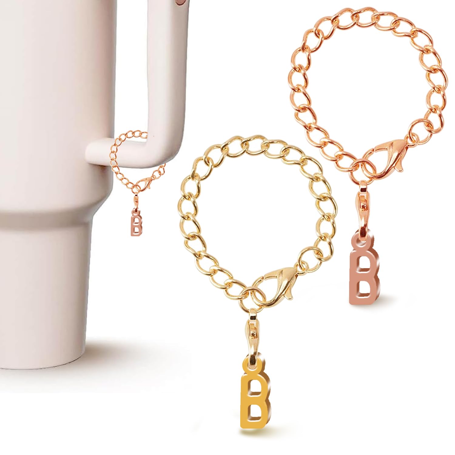 PAZLOG 2PCS Letter Charm Accessories for Stanley Cup, Gold & Rose Gold A-Z Initial Chain Water Bottle Name Id Charms for Stanley 30&40 oz, Tumbler,