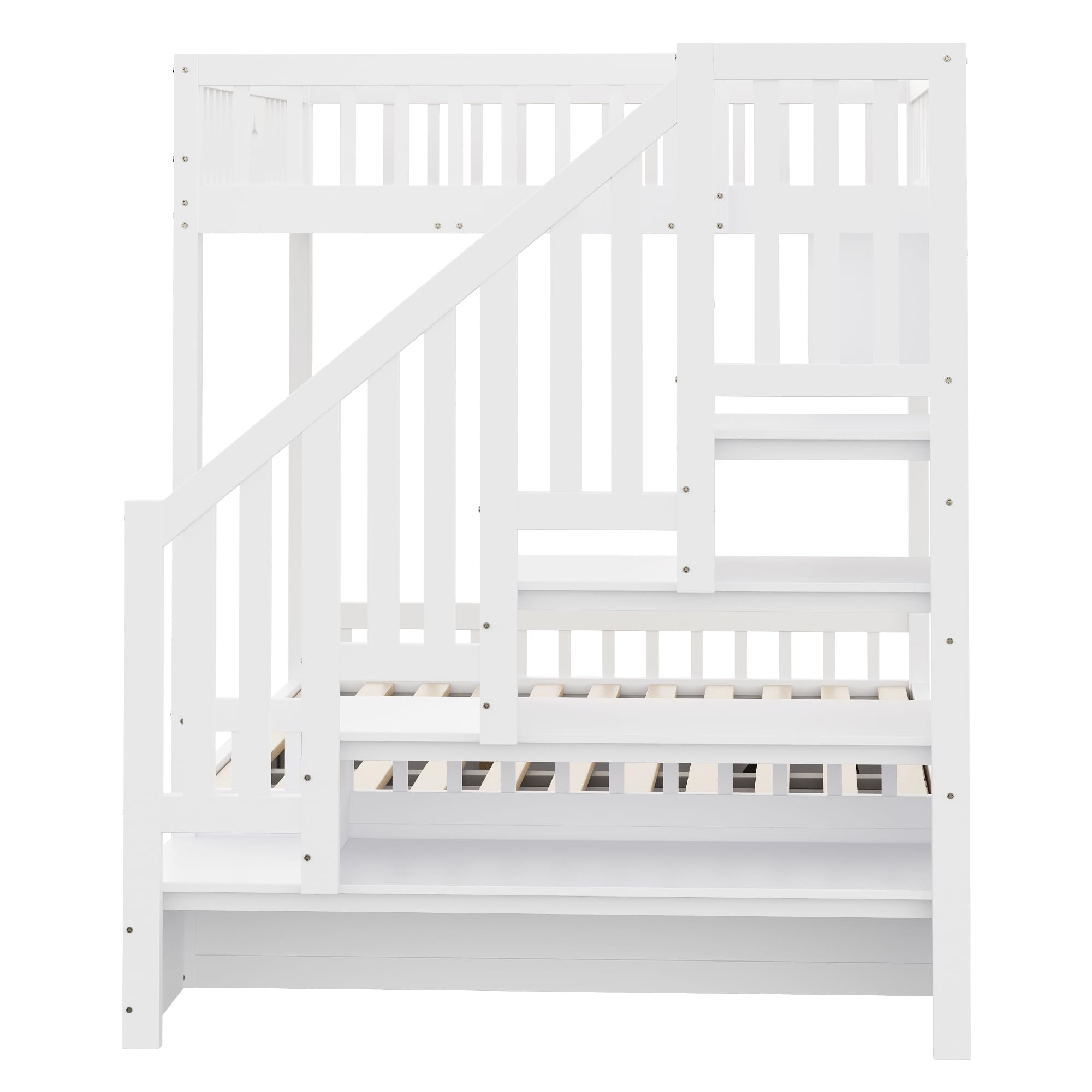 Merax Etagenbett 140x200 cm, Jugendbett mit hydraulischem Unterbett, Stauraumtreppe, Regale, Massivholz Kinderbett, Weiß (ohne Matratze)