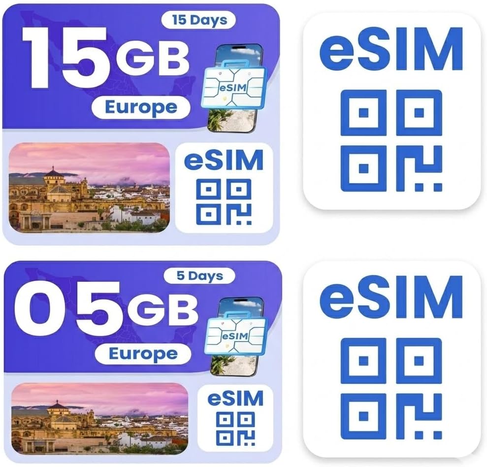 eSIM Bundle for International Travel, Europe 15GB/ 15 Days – Europe 5GB/ 5Days, 4G/5G Speed, Hotspot Supported, Instant Activation in 10 Minutes