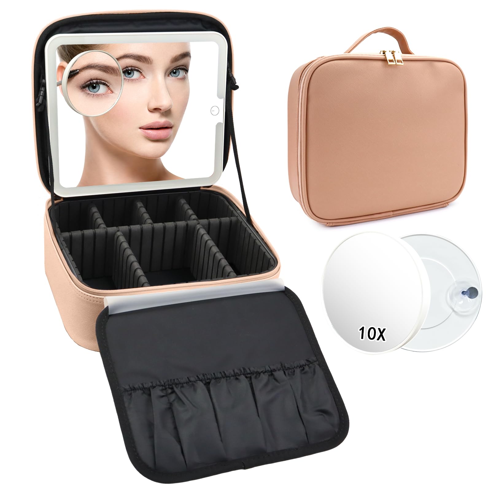 SLUMAZI Travel Makeup Bag with LED Mirror and 10x magnifying glass with 3 Lighted Settings, Adjustable Dividers and Makeup Brush Storage Bag Khaki