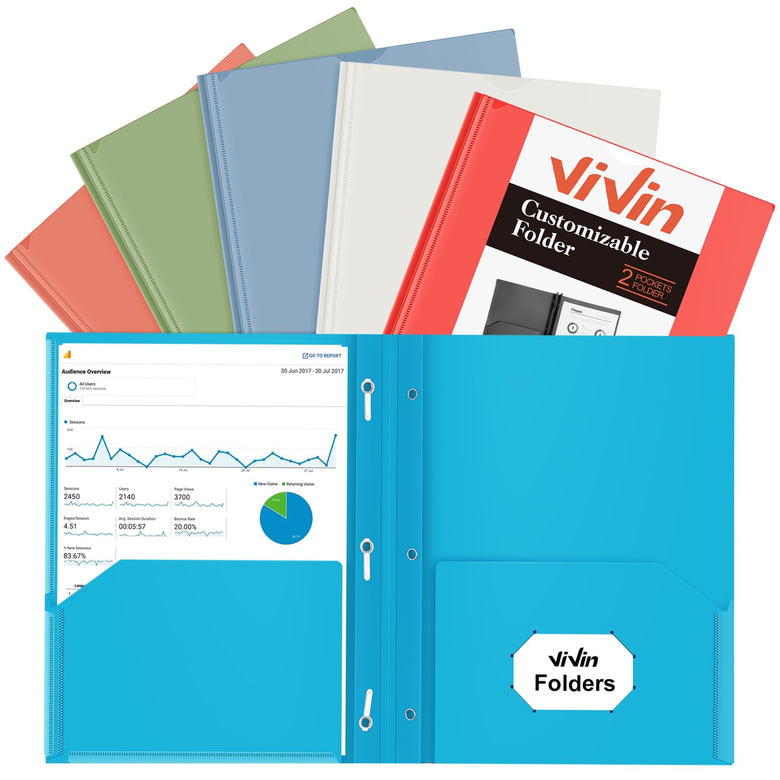 ViVin Plastic Folders with Clear Front Pocket, Heavy Duty 2 Pocket Folder with 3 Prongs,6 Pack, Fits Letter Size Sheets, Multicolor Bulk foders for Office and School (Assorted Color)
